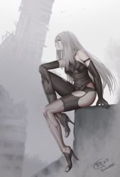 Rule 34 | 1girl, absurdres, android, black gloves, elbow gloves, gloves, high heels, highres, joints, kurone rinka, legs, long hair, looking away, nier:automata, nier (series), robot joints, rubble, signature, sitting, solo, a2 (nier:automata)
