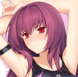 Rule 34 | 1girl, armlet, armpits, arms up, bare shoulders, bed sheet, blush, close-up, closed mouth, competition swimsuit, curled fingers, embarrassed, fate/grand order, fate (series), halcon, long hair, lying, on back, one-piece swimsuit, portrait, purple hair, red eyes, scathach (fate), shiny skin, solo, swimsuit