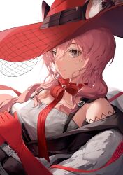 Rule 34 | 1girl, absurdres, animal ears, arknights, breasts, cat ears, ears through headwear, feather boa, gloves, grey eyes, hair between eyes, hat, heidi (arknights), highres, long hair, looking at viewer, medium breasts, pink hair, red gloves, red hat, shirt, simple background, smile, solo, upper body, white background, white shirt, yonjuri