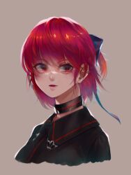 Rule 34 | 1girl, backlighting, black shirt, blue bow, bow, collar, commentary request, cropped torso, ear piercing, earrings, grey background, hair bow, highres, jewelry, jirai kei, light blush, light smile, parted lips, piercing, portrait, red eyes, red hair, sekibanki, shirt, short hair, simple background, solo, touhou, upper body, wing collar, yatsuga (kouahey dierci)