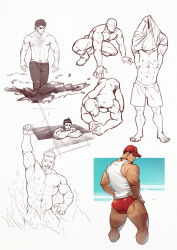 Rule 34 | 4boys, abs, absurdres, anatomy, ass, bara, baseball cap, black hair, black male swimwear, closed mouth, clothes lift, doodle inset, facial hair, hat, highres, large pectorals, male focus, male swimwear, multiple boys, muscular, muscular male, navel, nipples, original, partially colored, pectorals, red male swimwear, selkiro, shirt, shirt lift, short hair, splashing, tank top, thick thighs, thighs, topless male, undressing, water, white tank top