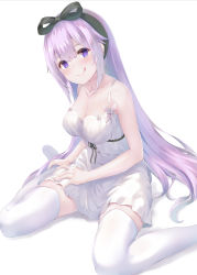 Rule 34 | 1girl, :q, absurdres, aged up, alternate costume, alternate hairstyle, azur lane, bare arms, bare shoulders, black bow, black hairband, black ribbon, blush, bow, breasts, cleavage, closed mouth, collarbone, commentary request, dress, feet out of frame, hair between eyes, hair bow, hair ribbon, hairband, highres, large breasts, licking lips, long hair, looking at viewer, medium breasts, nakazawa aki, no shoes, purple eyes, purple hair, ribbon, shadow, sidelocks, simple background, sitting, sleeveless, sleeveless dress, smile, solo, thighhighs, thighs, tongue, tongue out, unicorn (azur lane), unicorn (icy-sweet storytime) (azur lane), very long hair, wariza, white background, white dress, white thighhighs, zettai ryouiki