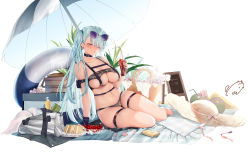 Rule 34 | 1girl, bikini, black bikini, blue hair, breasts, camouflage, camouflage bikini, cleavage, ear piercing, hair over one eye, highres, innertube, large breasts, obiwan, one eye covered, original, piercing, skindentation, soda bottle, solo, swim ring, swimsuit, thick thighs, thigh strap, thighs, twintails, underboob, white background