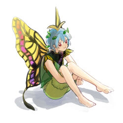 Rule 34 | 1girl, antennae, aqua hair, barefoot, butterfly wings, closed mouth, dress, eternity larva, fairy, full body, green dress, hair between eyes, highres, insect wings, leaf, leaf on head, leash (user yzzk4247), multicolored clothes, multicolored dress, red eyes, short hair, short sleeves, simple background, smile, solo, toes, touhou, white background, wings