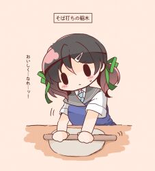 Rule 34 | 1girl, black hair, bloom2425, blue dress, commentary request, dough, dress, grey sailor collar, hair ornament, hairclip, highres, holding rolling pin, inagi (kancolle), kantai collection, kneading, long hair, necktie, rolling pin, sailor collar, solid oval eyes, solo, striped necktie, translation request, upper body