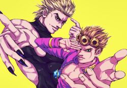 Rule 34 | 2boys, black nails, blonde hair, father and son, fingernails, giorno giovanna, green eyes, highres, jojo no kimyou na bouken, jojo pose, ladybug ornament, male focus, multiple boys, pectoral cleavage, pectorals, pointing, pointing at self, red eyes, ruushii (lucy steel6969), sharp fingernails, sleeveless, sleeveless turtleneck, stardust crusaders, time paradox, turtleneck, vento aureo, wing ornament, yellow background