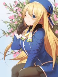 Rule 34 | 1girl, atago (kancolle), beret, black gloves, black pantyhose, blonde hair, blue eyes, blue hat, blurry, blush, buttons, closed mouth, depth of field, gloves, hair between eyes, hat, highres, honmakaina kudou, kantai collection, long hair, long sleeves, military, military uniform, one eye closed, pantyhose, smile, solo, tree, uniform