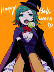 Rule 34 | 1girl, :o, black gloves, bow, bowtie, candy, cape, elbow gloves, fangs, food, gloves, green eyes, green hair, gumi, halloween, happy halloween, hat, lollipop, matching hair/eyes, open mouth, orange background, orange pantyhose, pantyhose, short hair, simple background, sitting, skirt, solo, swirl lollipop, tama (songe), text focus, vest, vocaloid, witch hat