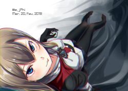 Rule 34 | 1girl, 2019, alcohol, anchor, bed sheet, black gloves, black skirt, blonde hair, blue eyes, breasts, chromatic aberration, closed mouth, collared shirt, commentary request, cup, dated, doushi tatsu to dekkai no, from above, glass, gloves, graf zeppelin (kancolle), hair between eyes, holding, holding cup, kantai collection, long hair, looking at viewer, looking up, necktie, no headwear, no shoes, pantyhose, pleated skirt, red necktie, sake, shirt, sitting, skirt, solo, tongs, tongue, tsurime, twitter username, white shirt