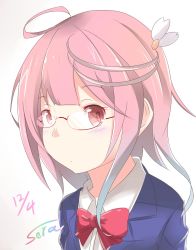 Rule 34 | 10s, 1girl, ahoge, alternate costume, artist name, bespectacled, bow, bowtie, dated, glasses, hair ornament, highres, i-58 (kancolle), kantai collection, looking at viewer, pink hair, red-framed eyewear, red eyes, school uniform, short hair, simple background, solo, sora (silent square), upper body, white background