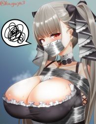 Rule 34 | 1girl, anger vein, areola slip, azur lane, bare shoulders, bdsm, between breasts, blush, bondage, bound, breasts, cleavage, cloth gag, clothing cutout, detached collar, eyebrows hidden by hair, formidable (azur lane), gag, gagged, grey hair, huge breasts, improvised gag, kaguya-san (nantyu-erosada), long hair, looking at viewer, necktie, necktie between breasts, open mouth, over the nose gag, red eyes, shibari, shoulder cutout, signature, solo, spoken anger vein, spoken squiggle, squiggle, steaming body, sweat, tape, tape gag, twintails, two-tone dress, very long hair