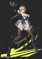 Rule 34 | 1girl, absurdres, armored boots, axe, black thighhighs, boots, breasts, grey background, hair ornament, hair over one eye, high heel boots, high heels, highres, honkai (series), honkai impact 3rd, legs, red eyes, rita rossweisse, rita rossweisse (phantom iron), shiba inuza, short hair, skirt, solo, thighhighs, weapon
