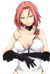 Rule 34 | 1girl, alternate breast size, bad id, bad pixiv id, bare shoulders, belt, black gloves, breasts, choker, devil survivor, dress, elbow gloves, gloves, green eyes, haruno14, harusawa yoshino, large breasts, red hair, short hair, simple background, smile, solo, strap slip, tattoo, white background, yellow eyes