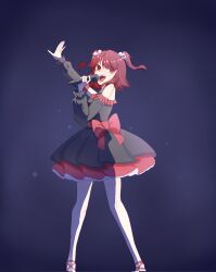 Rule 34 | 1girl, arm up, bare shoulders, bow, brown eyes, brown hair, dearsqn, detached sleeves, highres, holding, holding microphone, idol clothes, iireinei, looking at viewer, microphone, open mouth, red bow, solo, twintails, waist bow
