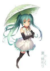 Rule 34 | 1girl, absurdres, black gloves, black thighhighs, breasts, dress, elbow gloves, floating hair, frilled dress, frills, full body, gloves, green eyes, green hair, green umbrella, hatsune miku, highres, holding, holding umbrella, jewelry, long hair, looking at viewer, medium breasts, necklace, short dress, simple background, sleeveless, sleeveless dress, solo, standing, thighhighs, twintails, umbrella, very long hair, vocaloid, white background, white dress, yeluno meng