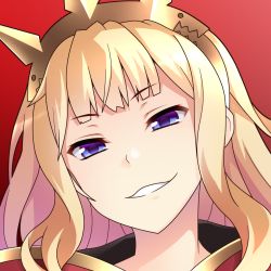 Rule 34 | 10s, 1girl, aa-rance, bad id, bad pixiv id, blonde hair, blue eyes, cagliostro (granblue fantasy), close-up, doyagao, gradient background, granblue fantasy, grin, half-closed eyes, headpiece, long hair, looking at viewer, portrait, red background, smile, smug, solo, teeth