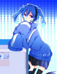 Rule 34 | 1girl, aoi choko (aoichoco), blue eyes, blue hair, ene (kagerou project), headphones, highres, kagerou project, long sleeves, looking at viewer, matching hair/eyes, monaco0704, short hair, solo, thighhighs, twintails