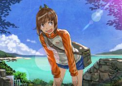 Rule 34 | 10s, 1girl, :d, bad id, bad pixiv id, bag, brown eyes, brown hair, day, i-401 (kancolle), jacket, kantai collection, leaning forward, lens flare, naro0427, ocean, open mouth, ponytail, short hair, shorts, sky, smile, solo, track jacket