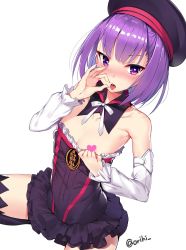 Rule 34 | 1girl, bad id, bad twitter id, bare shoulders, beret, blush, bow, breasts, censored, cleavage, clothes pull, commentary request, detached collar, detached sleeves, dress, dress pull, fate/grand order, fate (series), fellatio gesture, frilled dress, frilled sleeves, frills, hat, heart, heart-shaped pupils, heart censor, helena blavatsky (fate), highres, jpeg artifacts, long sleeves, one breast out, orihi chihiro, puffy long sleeves, puffy sleeves, pulling own clothes, purple eyes, purple hair, ribbon, short hair, simple background, small breasts, solo, symbol-shaped pupils, thighhighs, tongue, tongue out, twitter username, white background, white bow, white neckwear, white ribbon, white sleeves