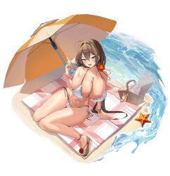 1girl absurdres ahoge bare_legs bare_shoulders beach_mat bikini blue_eyes breasts brown_hair cleavage commission fang flower full_body hair_flower hair_ornament halterneck hido_(cherryhido) highres holding holding_spoon huge_breasts jewelry long_hair looking_at_viewer low_ponytail navel necklace open_mouth original picnic_basket sandals second-party_source side-tie_bikini_bottom sitting skindentation smile solo spoon stomach string_bikini swimsuit takamiya_keika thighs umbrella very_long_hair wariza white_background white_bikini