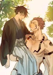 Rule 34 | 2boys, abs, arm around neck, arm tattoo, black hair, black nails, carrying, carrying under arm, chest tattoo, commentary request, extra arms, extra eyes, fushiguro megumi, hakama, hakama pants, japanese clothes, jujutsu kaisen, kamome (penguin n), looking at another, male focus, multiple boys, muscular, muscular male, nail polish, neck tattoo, pants, pectorals, pink hair, ryoumen sukuna (jujutsu kaisen), short hair, shoulder tattoo, size difference, smile, spiked hair, tattoo, topless male, tree, wide sleeves