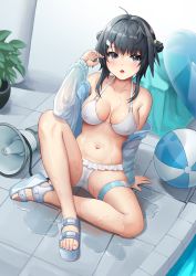Rule 34 | 1girl, :o, absurdres, ahoge, arknights, ball, bare shoulders, beachball, bikini, black eyes, black hair, blush, breasts, cleavage, collarbone, commission, covered erect nipples, double bun, feather hair, frilled bikini, frills, grey jacket, hair bun, hair ornament, hairclip, highres, innertube, jacket, la pluma (arknights), la pluma (summer flowers) (arknights), long sleeves, looking at viewer, medium breasts, megaphone, navel, official alternate costume, on floor, open clothes, open jacket, open mouth, photoshop (medium), plant, potted plant, puddle, sandals, short hair, sidelocks, sitting, solo, stomach, swim ring, swimsuit, t zhonglang, thigh strap, tile floor, tiles, water, white bikini, wing hair ornament