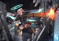 Rule 34 | 1girl, absurdres, ambriel (arknights), arknights, black gloves, black jacket, black panties, black thighhighs, bolt action, broken window, commission, detached wings, energy wings, firing, food, food in mouth, gloves, gun, halo, highres, holding, holding gun, holding weapon, jacket, kuromu, lee-enfield, long hair, long sleeves, mouth hold, one side up, panties, pink hair, pixiv commission, pocky, pocky in mouth, purple eyes, rifle, solo, thighhighs, underwear, weapon, wings