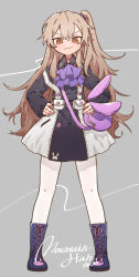 Rule 34 | 1girl, aged down, animal bag, ankle boots, bag, boots, brown eyes, brown hair, closed mouth, cross-laced footwear, dated, dress, full body, girls&#039; frontline, grey background, hands on own hips, highres, long hair, looking at viewer, mountain han, official alternate costume, one side up, pantyhose, pigeon-toed, rabbit bag, scar, scar across eye, scar on face, short dress, shoulder bag, signature, smile, solo, ump45 (agent lop rabbit) (girls&#039; frontline), ump45 (girls&#039; frontline), very long hair, white pantyhose