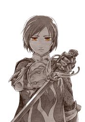 Rule 34 | 1girl, armor, chainmail, female focus, frown, gauntlets, holding, holding sword, holding weapon, medieval, meiko (vocaloid), monochrome, short hair, simple background, solo, spot color, swept bangs, sword, taichi17, vocaloid, watari taichi, weapon, white background, yellow eyes