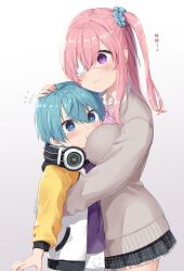 Rule 34 | 1boy, 1girl, age difference, aqua hair, artist name, between breasts, black hood, black skirt, blue eyes, blue scrunchie, blush, bow, bowtie, breast pillow, breasts, brown sweater, cheek squash, diagonal-striped bow, diagonal-striped bowtie, diagonal-striped clothes, eyepatch, face to breasts, flying sweatdrops, head between breasts, headpat, headphones, headphones around neck, highres, hood, hoodie, large breasts, long hair, medical eyepatch, multicolored clothes, multicolored hoodie, nei akutsu, one side up, onee-shota, original, os (os fresa), pink bow, pink bowtie, pink hair, pointy ears, purple eyes, purple shirt, scrunchie, shirt, short hair, shorts, skirt, souta kandori, striped clothes, sweater, white background, white shirt, white shorts, yellow sleeves