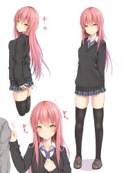 Rule 34 | 1girl, anger vein, arms behind back, black thighhighs, blue necktie, blush, breasts, commentary request, cropped legs, flying sweatdrops, from side, hair between eyes, hand on another&#039;s shoulder, head tilt, highres, loafers, long hair, long sleeves, medium breasts, multiple views, necktie, original, pink hair, plaid, plaid skirt, pleated skirt, school uniform, shoes, simple background, skirt, standing, sweater, takeyuu, thighhighs, white background, wing collar, yellow eyes
