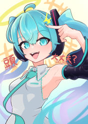 Rule 34 | 1girl, :d, ^^^, absurdres, ahoge, arm up, armpits, bare shoulders, black sleeves, blue eyes, blue hair, blue necktie, breasts, collared shirt, detached sleeves, grey shirt, hair between eyes, hatsune miku, headphones, highres, kinosuke (pattaba), long hair, long sleeves, looking at viewer, necktie, open mouth, romaji text, shirt, sleeveless, sleeveless shirt, small breasts, smile, solo, translation request, twintails, very long hair, vocaloid, wide sleeves
