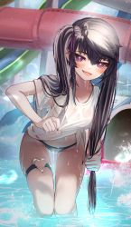 Rule 34 | 1girl, :d, absurdres, ahoge, bikini, bikini under clothes, black bikini, black hair, black nails, blush, fang, feet out of frame, hair between eyes, hair ribbon, highres, holding, holding own hair, leaning forward, long hair, looking at viewer, nail polish, open mouth, original, pool, priite hari (torriet), purple eyes, purple ribbon, ribbon, shirt, short sleeves, smile, solo, standing, swimsuit, thigh strap, torriet, twintails, very long hair, wading, water, water slide, wet, wet clothes, wet shirt, white shirt