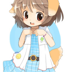 Rule 34 | 1girl, animal ears, brown hair, fuyuno mikan, looking at viewer, open mouth, red eyes, short hair, smile, solo, tail