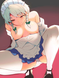 Rule 34 | 1girl, arrow (symbol), bare shoulders, braid, breasts, closed mouth, collarbone, gradient background, grey hair, hekiga (freelot), highres, izayoi sakuya, looking at viewer, maid, maid headdress, medium breasts, nipples, panties, red background, red eyes, short hair, simple background, smile, solo, squatting, sweat, thighhighs, touhou, twin braids, underwear, white background, white panties, white thighhighs