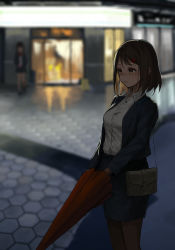 Rule 34 | 1girl, bag, blue jacket, blurry, blurry background, brown eyes, brown hair, business suit, collared shirt, commentary request, door, dress shirt, formal, hair ornament, handbag, highres, holding, holding umbrella, hongye feixue, jacket, night, office lady, original, outdoors, pantyhose, pencil skirt, road, shirt, short hair, skirt, skirt suit, smile, solo, standing, storefront, street, suit, umbrella, window, x hair ornament