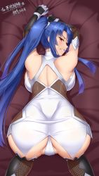 Rule 34 | 1girl, akitsuki karasu, all fours, ass, bare legs, bare shoulders, bed, blue hair, blush, bodysuit, breasts, cameltoe, clenched teeth, curvy, dress, embarrassed, from behind, high ponytail, highres, hime cut, huge ass, large breasts, long hair, looking at viewer, looking back, on bed, panties, ponytail, pussy, red eyes, short dress, simple background, solo, taimanin (series), taimanin asagi, taimanin suit, teeth, thighs, thong, underwear, very long hair, white panties, wide hips, yatsu murasaki