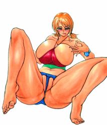 Rule 34 | 1girl, barefoot, blush, breasts, bursting breasts, highres, huge breasts, looking at viewer, nami (one piece), naughty face, one piece, orange hair, wrato