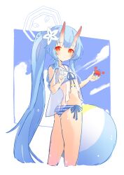 Rule 34 | 1girl, absurdres, animal, ass, ball, beachball, bikini, blue archive, blue bikini, blue hair, blue halo, breasts, chise (blue archive), chise (swimsuit) (blue archive), closed mouth, commentary, crab, cropped legs, flower, hair flower, hair ornament, halo, highres, holding, holding animal, horns, long hair, looking at viewer, official alternate costume, oni, oni horns, ponytail, red eyes, sailor bikini, sailor collar, see-through, side-tie bikini bottom, small breasts, smile, solo, striped bikini, striped clothes, suzuiro (chocolatte), swimsuit, symbol-only commentary, v, very long hair, white flower, white sailor collar