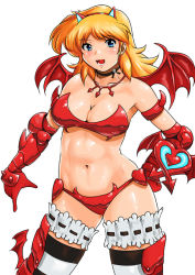 Rule 34 | 1girl, animal ears, armor, banpresto, bikini, bikini armor, black thighhighs, blonde hair, blue eyes, blush, breasts, cat ears, choker, cleavage, collarbone, demon girl, demon wings, fake animal ears, gloves, hand on own hip, heart, large breasts, looking at viewer, lune zoldark, navel, open mouth, red armor, red bikini, red gloves, ryune, shu-z, smile, standing, striped clothes, striped thighhighs, super robot wars, swimsuit, teeth, thighhighs, white background, wings