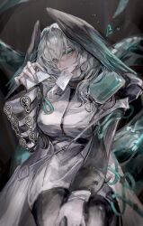 Rule 34 | 1girl, absurdres, aqua eyes, aqua nails, arknights, breasts, card, closed mouth, coat, dress, fingerless gloves, fingernails, gloves, grey hair, head wings, highres, ho&#039;olheyak (arknights), holding, holding card, large breasts, long fingernails, long hair, long sleeves, looking at viewer, nail polish, nininisama, open clothes, open coat, playing card, sitting, smile, solo, tail, wavy mouth, white coat, white dress, white gloves, wings