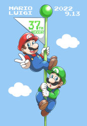 Rule 34 | 2boys, absurdres, anniversary, aogaeru (pixiv46613656), brothers, brown hair, character name, facial hair, flag, flagpole, full body, gloves, grin, hat, highres, looking at viewer, luigi, mario, mario (series), multiple boys, mustache, nintendo, open mouth, overalls, siblings, smile, super mario bros. 1, v