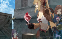 3girls archer_(ragnarok_online) black_eyes black_gloves black_shorts black_skirt blonde_hair blue_shirt blue_sky bow bow_bra bra breasts brown_bandana brown_eyes brown_gloves brown_hair brown_jacket cleavage closed_mouth cloud copyright_notice cowboy_shot eating food gloves grey_hair grey_hairband guest_art hairband high_ponytail highres holding holding_spoon jacket logo long_hair long_sleeves marionette_(ragnarok_online) multiple_girls muneate official_art official_wallpaper open_mouth outdoors ragnarok_online red_bow salada shaved_ice shirt short_hair short_sleeves shorts shrug_(clothing) sidelocks skirt sky small_breasts smile spoon swept_bangs thief_(ragnarok_online) underwear white_bra wooden_box