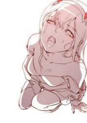 Rule 34 | 10s, 1girl, bra, chenaze57, claws, darling in the franxx, eyeliner, fangs, hairband, half-closed eyes, horns, long hair, makeup, monochrome, off shoulder, oni horns, oral invitation, red horns, red pupils, socks, solo, strap slip, sweat, tongue, tongue out, underwear, zero two (darling in the franxx)