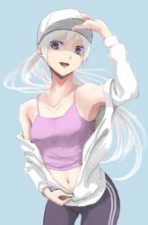Rule 34 | 1girl, alternate costume, blue eyes, camisole, chickenonrice, cowboy shot, crop top, hat, highres, jacket, long hair, navel, off shoulder, open clothes, open jacket, open mouth, ponytail, rwby, scar, scar across eye, scar on face, simple background, solo, tank top, weiss schnee, white hair