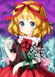 Rule 34 | 1girl, black shirt, blonde hair, blue eyes, blurry, blurry background, bow, bowtie, closed mouth, cowboy shot, field, flower, flower field, hair ribbon, highres, holding, holding flower, lily of the valley, looking at viewer, medicine melancholy, outdoors, red bow, red bowtie, red ribbon, red skirt, ribbon, ruu (tksymkw), shirt, short hair, short sleeves, skirt, smile, solo, standing, touhou