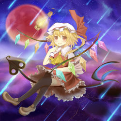 Rule 34 | 1girl, ascot, black thighhighs, blonde hair, bunchou (bunchou3103), fang, female focus, flandre scarlet, hat, laevatein, lantern, moon, open mouth, red eyes, red moon, shooting star, side ponytail, skirt, smile, solo, thighhighs, touhou, wings