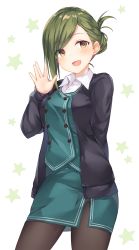 Rule 34 | 1girl, arm behind back, asymmetrical hair, blazer, blush, breasts, buttons, cardigan, collared shirt, commentary request, cowboy shot, formal, green hair, green skirt, hand up, highres, idolmaster, idolmaster shiny colors, jacket, medium breasts, medium hair, nanakusa hazuki, open cardigan, open clothes, open mouth, pantyhose, pencil skirt, shindou tsurami, shirt, skirt, skirt suit, smile, solo, star (symbol), suit, waving, white background, yellow eyes