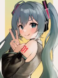 Rule 34 | 1girl, :q, aqua eyes, aqua hair, aqua nails, border, character name, closed mouth, detached sleeves, hatsune miku, headset, highres, long hair, looking at viewer, nail polish, number tattoo, simple background, smile, solo, tananuki, tattoo, tongue, tongue out, twintails, twitter username, upper body, v, vocaloid, white border, yellow background
