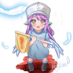 Rule 34 | 1girl, aged down, angel wings, artist request, blue shirt, blush, boots, cosplay, cross, feathered wings, feathers, flag, flat cap, hat, hataraku saibou, holding, holding flag, jibril (no game no life), long hair, looking at viewer, low wings, multicolored eyes, no game no life, open mouth, orange eyes, pink hair, platelet (hataraku saibou), platelet (hataraku saibou) (cosplay), shirt, short sleeves, shorts, solo, source request, standing, symbol-shaped pupils, white hat, wing ears, wings, yellow eyes
